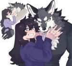  1boy 1girl animal_ears black_hair black_shirt blush commentary_request fingernails furry furry_male furry_with_non-furry green_eyes grey_eyes grey_fur grin hand_in_another&#039;s_mouth hands_up hetero highres holding_another&#039;s_head interspecies large_hands long_hair long_sleeves looking_at_another looking_at_viewer multiple_views open_mouth original purple_sweater rata_(norahasu) sharp_fingernails shirt simple_background smile sweater upper_body white_background white_fur wolf_boy wolf_ears 