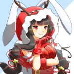  1girl animal_ears arm_up black_hair blue_background blunt_bangs blush bow bowtie breasts cleavage closed_mouth commentary_request fur-trimmed_hood fur_trim gloves holding holding_mahjong_tile hood ibispaint_(medium) jimuin_ao kaguyahime_(mahjong_soul) long_hair looking_at_viewer mahjong_soul mahjong_tile medium_bangs medium_breasts plaid plaid_shirt rabbit_ears rabbit_girl red_bow red_bowtie red_eyes red_gloves red_hood red_shirt shirt sidelocks sleeveless sleeveless_shirt smile solo two-tone_background upper_body v-shaped_eyebrows white_background 