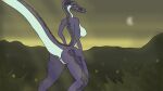 anthro anus areola barely_visible_genitalia barely_visible_pussy baryonyx big_butt bioluminescence bioluminescent_nipples breasts butt c1a3 dinosaur female genitals glowing glowing_areola glowing_genitalia glowing_pussy looking_back markings multicolored_body muscular muscular_anthro muscular_female night pussy raised_tail rear_view reptile scalie simple_background slim small_breasts small_waist solo spinosaurid sunset swamp tail theropod thick_thighs wide_hips