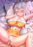  1boy 1girl ahoge akine_(kuroyuri) blush breasts censored cleavage closed_eyes closed_mouth clothed_female_nude_male commentary_request covered_nipples cum cum_in_pussy cum_overflow dress ejaculation feet_out_of_frame grey_hair hetero highres kitami_sawako large_breasts long_hair lying mahjong_soul mahjong_tile medium_bangs missionary mosaic_censoring no_panties nude on_back on_bed one_eye_closed paid_reward_available penis pillow pillow_grab pov pov_crotch pussy sex short_dress smile solo_focus strapless strapless_dress tenbou translation_request vaginal very_long_hair yellow_dress 