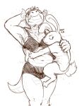  anthro belly belly_scales bottomless broken_horn clothed clothing female hi_res horn hug lagomorph lesbian_couple mammal mevka_(artist) nuzzles nuzzling scales shirt shirt_only size_difference slightly_chubby slightly_chubby_female topwear topwear_only 