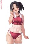  1girl artist_name ass_visible_through_thighs bare_shoulders black_hair blush breasts buruma collarbone cropped_legs ebifurya hand_up highres kantai_collection medium_breasts medium_hair nagara_(kancolle) navel one-hour_drawing_challenge open_mouth parted_bangs red_buruma sidelocks simple_background smile solo steaming_body sweat tan tanlines thighs towel towel_around_neck twitter_username white_background 