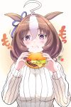  1girl ahoge animal_ears blush breasts brown_hair burger eating food food_on_face hair_ribbon hairband highres holding holding_burger holding_food horse_ears horse_girl large_breasts long_hair long_sleeves looking_at_viewer meisho_doto_(umamusume) multicolored_hair purple_eyes ribbed_sweater ribbon smile solo sweater translation_request umamusume upper_body white_hair yawarabi_juubee 