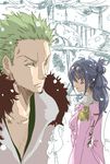  1boy 1girl black_hair bun glasses glasses_on_head green_hair hair_bun jacket one-eyed one_piece punk_hazard roronoa_zoro snow tashigi 