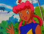  1girl animated animated_gif blown_kiss blush dark_skin eyes_closed heart joy_(pokemon) long_hair magikarp nurse_cap outdoors palm_tree pink_hair pokemon pokemon_(anime) 