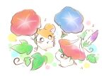  2boys :3 animal_ears blue_flower commentary_request flower hamster hamster_ears hamtaro hamtaro_(series) hat holding holding_flower jin_(jin3jin3) kaburu_(hamtaro) leaf looking_at_another male_focus multiple_boys musical_note no_humans notice_lines profile red_flower running whiskers 