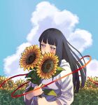  1girl black_hair blue_sky blush cloud commentary_request day field flower flower_field grey_eyes highres holding holding_flower hood hoodie hyuuga_hinata leaf long_hair looking_at_viewer naruto_(series) no_pupils outdoors plant pnpk_1013 sky solo sunflower upper_body yellow_flower 