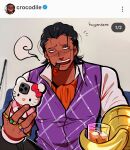  1boy absurdres alternate_costume ascot black_hair cigar crocodile_(one_piece) cup hair_slicked_back hello_kitty_phonecase_(meme) hello_kitty_print highres holding holding_cup holding_phone hook_hand huyandere instagram jewelry male_focus meme one_piece ornate_phone_case parody phone short_hair smoking solo stitches vest 