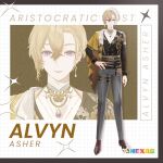 1boy alvyn_asher belt black_belt black_shirt blonde_hair braid brown_footwear character_name closed_mouth commentary earrings english_commentary english_text full_body grey_pants grid hair_between_eyes hand_on_own_hip jewelry logo looking_at_viewer multiple_belts necklace nexas_(vtuber_agency) official_art pants purple_eyes shei99 shirt single_earring solo standing virtual_youtuber 
