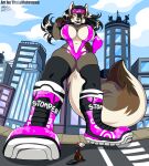 2019 absurd_res alst anthro boots breasts canid canine canis city city_background clothing duo extreme_size_difference female first_person_view footwear hi_res hyena lingerie macro male male/female mammal menzo mexican_wolf micro size_difference socks thaismotosuwa wolf