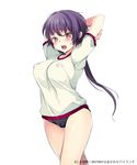  arms_behind_head black_hair blush breasts buruma cameltoe covered_nipples daibouken!_yukeyuke_osawari_island gym_shirt gym_uniform large_breasts matsu_hatsujouki official_art open_mouth ponytail red_eyes shirt solo 