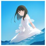  1girl black_hair blue_sky breasts brown_eyes dress fubuki_(anniversary)_(kancolle) fubuki_(kancolle) highres kantai_collection ma_rukan medium_breasts off-shoulder_dress off_shoulder official_alternate_costume official_alternate_hairstyle parted_lips sky smile solo water white_dress 