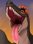 ambiguous_gender anthro bodily_fluids dinosaur dragonimator dripping dripping_saliva dromaeosaurid female first_person_view grey_body grey_scales hi_res imminent_vore mouth_shot open_mouth oral_vore orange_eyes orange_spikes reptile saliva saliva_drip saliva_on_tongue saliva_string scales scalie solo teeth theropod tongue tongue_out velociraptor vore wide_mouth