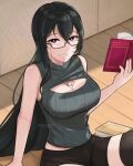  1girl between_breasts black_hair black_shorts black_sweater black_thighhighs book breasts bright_pupils brown-framed_eyewear cleavage_cutout clothing_cutout commentary cowboy_shot english_commentary glasses grin hair_between_eyes highres holding holding_book large_breasts long_bangs long_hair looking_at_viewer mahjong_soul mahjong_tile mole mole_under_mouth onodera_nanaha purple_eyes semi-rimless_eyewear shorts sidelocks sitting sleeveless sleeveless_sweater smile solo sweater terableart thighhighs under-rim_eyewear very_long_hair white_pupils wooden_floor 