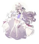  1girl animal_ears arin_(fanfan013) armlet bare_shoulders black_bow black_hairband bow bow_choker cat_ears choker closed_mouth commentary_request cross_print detached_sleeves dress eyelashes frilled_dress frills full_body grey_hair hair_bow hairband halter_dress halterneck highres long_dress long_hair long_sleeves looking_at_viewer magic monochrome original parted_bangs purple_eyes purple_tabard round_eyewear sandals simple_background single_hair_ring smile solo sparkle stirrup_legwear tabard thighhighs toeless_legwear toes twitter_username very_long_hair white_background white_bow white_choker white_dress white_footwear white_sleeves white_thighhighs 