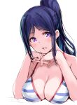  1girl bare_shoulders bikini blue_hair blush breasts cleavage gengoroh hashtag-only_commentary highres large_breasts long_hair looking_at_viewer love_live! love_live!_sunshine!! matsuura_kanan open_mouth ponytail purple_eyes simple_background solo striped_bikini striped_clothes swimsuit upper_body white_background white_bikini 