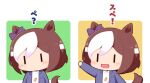  1girl :d animal_ears blush_stickers bow brown_hair carrot_print chibi ear_bow food_print gomashio_(goma_feet) green_bow grey_jacket hair_between_eyes horse_ears horse_girl horse_tail jacket multicolored_hair open_clothes open_jacket print_shirt purple_bow shirt smile special_week_(umamusume) tail translation_request two-tone_background two-tone_hair umamusume upper_body white_background white_hair white_shirt yellow_background |_| 