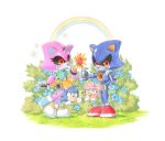  2boys 2girls amy_rose animal_ears black_sclera blue_flower blue_fur blue_skin blush bush colored_sclera colored_skin finik flower furry furry_female furry_male gloves grass green_eyes green_shirt heart highres mechanical_flower metal_amy metal_sonic multiple_boys multiple_girls open_mouth orange_skirt pink_fur pink_skin rainbow red_footwear robot shirt signature skirt sonic_(series) sonic_the_hedgehog sonic_the_hedgehog_(classic) standing star-shaped_pupils star_(symbol) symbol-shaped_pupils thumbs_up white_gloves 