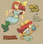  1girl bandana bomb captain_syrup explosive from_side green_footwear heart holding holding_bomb lipstick long_hair makeup multiple_views octopus_earrings red_hair rinabee_(rinabele0120) sash wario_land wario_land:_super_mario_land_3 wavy_hair yellow_bandana yellow_eyes yellow_sash 