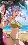  1boy absurdres beach bikini black_clover black_clover_m:_rise_of_the_wizard_king cowboy_shot crab english_text food fruit green_bikini grey_hair highres holding looking_at_viewer noelle_silva official_alternate_costume official_art open_mouth outdoors palm_tree popsicle purple_eyes solo solo_focus strawberry swimsuit tongue tree twintails 