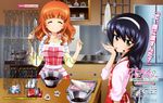  :p ^_^ absurdres animal_print apron bear_print black_hair brown_eyes chocolate chocolate_making closed_eyes cooking copyright_name food food_on_face girls_und_panzer hairband highres holding indoors kitchen licking long_hair long_sleeves looking_at_viewer looking_back mixing_bowl multiple_girls official_art orange_eyes orange_hair pastry_bag reizei_mako shirt smile spatula standing takebe_saori tasting tongue tongue_out whisk yamaguchi_asuka 