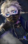  1boy alva_lorenz alva_lorenz_(warden) belt_collar black_gloves black_sclera blonde_hair blue_eyes collar colored_sclera fur_scarf gloves gold_trim hana_kuki25 highres identity_v looking_at_viewer mask scar scar_across_eye short_hair solo upper_body 