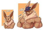 2024 abs anthro areola bangs barazoku baseball_cap biceps big_muscles big_pecs cinnaboi clothing comparing deltoids eevee eyebrows fur gameplay_mechanics generation_1_pokemon hair hat headgear headwear heart_symbol hi_res huge_muscles level_difference level_number male manly muscular muscular_anthro muscular_male nintendo nipples number pecs pokemon pokemon_(species) pokemorph simple_background size_difference smile solo tuft