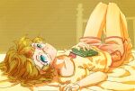 1girl bed blue_eyes book ei_(eikun) expressionless glasses ichinose_minori knees_up light_brown_hair looking_at_viewer lying on_back on_bed precure round_eyewear shirt short_hair shorts sketch solo thigh_gap tropical-rouge!_precure 