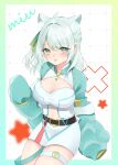 1girl absurdres ahoge animal_ear_fluff animal_ears aqua_border aqua_jacket aqua_ribbon aqua_shirt aqua_sleeves arm_support belt black_belt blush border breasts cat_ears character_name cleavage_cutout clothing_cutout gabogabo gradient_border green_border green_eyes green_ribbon grid_background hair_ornament hair_ribbon hairclip hashtag-only_commentary highres hizuki_miu impossible_clothes impossible_shirt indie_virtual_youtuber jacket jewelry large_breasts leg_ribbon long_sleeves looking_at_viewer medium_hair navel necklace off_shoulder one_side_up outside_border paw_pose puffy_long_sleeves puffy_sleeves raglan_sleeves ribbon shirt side_ponytail sitting skirt sleeves_past_fingers sleeves_past_wrists solo thigh_ribbon thigh_strap triangle virtual_youtuber white_background white_hair white_shirt white_skirt 