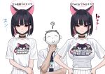  2girls ? ^_^ absurdres animal_ears black_choker black_hair black_mask blue_archive blunt_bangs breasts cat_ears cat_girl choker closed_eyes closed_mouth doodle_sensei_(blue_archive) ear_piercing fffukuzawa flat_chest hands_on_own_hips highres kazusa_(band)_(blue_archive) kazusa_(blue_archive) large_breasts mask mask_pull miniskirt mouth_mask multiple_girls piercing pink_hair pleated_skirt red_eyes sensei_(blue_archive) shirt short_hair short_sleeves simple_background skirt studded_choker t-shirt translation_request white_background white_shirt 