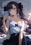  ai-generated bed cellphone genshin_impact hare_zzv highres lying mona_(genshin_impact) phone pleated_skirt selfie skirt smartphone tank_top twintails white_tank_top 