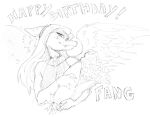 2024 anthro black_and_white blush bouquet dinosaur english_text eyelashes fang_(gvh) feathered_wings feathers female fingers flower flower_bouquet goodbye_volcano_high hair halter_top long_hair looking_at_viewer monochrome plant pterodactylus pterosaur reptile scalie sketch smile snout solo tendocake text wings
