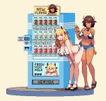  2girls absurdres animal_print bikini blonde_hair blue_eyes brown_hair chocolate_milk cow_girl cow_print cow_print_bikini dark-skinned_female dark_skin highres multiple_girls original pixel_art print_bikini sandals strawberry_milk swimsuit vending_machine whitte_komett 