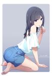  1girl arm_support artist_name black_hair blue_eyes blue_shorts commentary_request gradient_background grey_background highres legs long_hair looking_at_viewer monai-chan_(nii_manabu) nii_manabu original shirt shorts soles solo tagme thighs toes white_shirt 