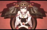  ahoge bad_id bad_pixiv_id bare_shoulders blue_eyes brown_hair brown_legwear brown_skirt chair cup detached_sleeves double_bun hairband headgear highres kantai_collection kongou_(kantai_collection) letterboxed looking_at_viewer looking_up machinery nontraditional_miko pemu ribbon-trimmed_skirt ribbon-trimmed_sleeves ribbon_trim sitting skirt smile solo teacup thighhighs 