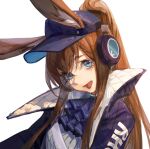  1girl amiya_(arknights) animal_ear_fluff animal_ears arknights ascot black_hat black_headphones blue_ascot blue_eyes blue_jacket blue_sleeves brown_hair chinese_commentary collared_jacket colored_eyelashes commentary_request dlgeria ears_through_headwear hat high_collar high_ponytail highres jacket long_hair long_sleeves looking_at_viewer open_clothes open_jacket open_mouth rabbit_ears sample_watermark shirt sidelocks simple_background smile solo straight_hair striped_clothes striped_shirt two-sided_fabric two-sided_headwear two-sided_jacket upper_body vertical-striped_clothes vertical-striped_shirt very_long_hair visor_cap watermark white_background white_jacket white_shirt 