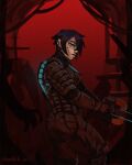  1girl 1other absurdres android armor black_hair blue_eyes cosplay dead_space elster_(signalis) film_grain highres isaac_clarke isaac_clarke_(cosplay) necromorph plasma_cutter red_theme shardikart short_hair signalis solo_focus spacesuit trait_connection 
