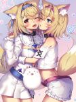  2girls ;d animal_ear_fluff animal_ears belt black_collar blonde_hair blue_belt blue_eyes blue_hair blue_hairband blue_nails breasts chain cheek-to-cheek cleavage collar commentary crop_top dog_ears dog_girl dog_tail fake_horns fang frilled_shorts frills fuwawa_abyssgard gradient_hair hair_ornament hairband hairclip hand_on_another&#039;s_back hand_up heads_together highres hololive hololive_english horns hug long_hair long_sleeves medium_breasts midriff mixed-language_commentary mococo_abyssgard multicolored_hair multiple_girls nail_polish off_shoulder one_eye_closed parted_lips perroccino_(fuwamoco) pink_belt pink_hair pink_hairband pleated_skirt puffy_long_sleeves puffy_sleeves red_eyes ryuinu shirt short_shorts shorts siblings sisters skirt smile streaked_hair tail twins very_long_hair virtual_youtuber white_shirt white_shorts white_skirt x_hair_ornament 