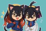  1boy 1girl animal_ears aqua_background bag black_hair blue_jacket blue_shirt blush brother_and_sister carmine_(pokemon) cat_boy cat_ears cat_girl cat_tail chibi collared_shirt crossed_bangs fang flying_sweatdrops gloves hair_between_eyes hairband highres jacket kieran_(pokemon) long_hair long_sleeves looking_at_viewer mole mole_on_neck mole_under_eye multicolored_hair open_mouth outline pokemon pokemon_sv purple_hair red_gloves red_hair shirt siblings simple_background sparkle tail upper_body usagi_mochi_(nsi_0012) white_outline yellow_eyes 