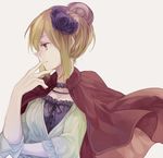  axis_powers_hetalia blonde_hair capelet finger_to_mouth flower france_(hetalia) genderswap genderswap_(mtf) hair_bun hair_flower hair_ornament long_hair profile purple_flower purple_hair purple_rose ribbon rose sidelocks smile solo wowishi 