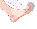  1girl barefoot commentary dorsiflexion english_commentary feet feet_only foot_focus meme no_shoes original out_of_frame pantyhose simple_background solo sydus toenails toes twitter_strip_game_(meme) white_background white_pantyhose 