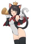  1girl :d absurdres animal_ears black_hair black_thighhighs breasts cait_sith_(ff7) cait_sith_(ff7)_(cosplay) cape cat_ears cat_girl cat_tail commentary cosplay cowboy_shot crown elbow_gloves final_fantasy final_fantasy_vii gloves green_eyes half-closed_eyes highres hololive kittenlochen leotard looking_at_viewer medium_breasts megaphone one_eye_closed oozora_subaru paw_pose red_cape short_hair simple_background smile solo symbol-only_commentary tail thighhighs virtual_youtuber white_background white_gloves 