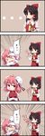  &gt;_&lt; 4koma ascot bandages beans bow brown_eyes brown_hair bun_cover chinese_clothes closed_eyes comic crossed_arms cuffs detached_sleeves double_bun eighth_note emphasis_lines flower hair_bow hair_tubes hakurei_reimu highres ibaraki_kasen long_hair mamemaki multiple_girls musical_note open_mouth pink_eyes pink_hair rose setsubun short_hair spoken_musical_note tabard touhou trolling u2_(5798239) whistling 