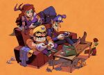  1girl 2boys banana_peel bandana big_nose black_overalls blue_eyeshadow captain_syrup controller couch eyeshadow facial_hair feet_on_table flower game_controller gloves hat jewelry makeup mario_(series) multiple_boys mustache necklace octopus_earrings on_couch orange_background overalls playing_games pointy_ears purple_bandana purple_hat purple_overalls red_hair rinabee_(rinabele0120) rose simple_background smirk waluigi wario wario_land white_gloves yellow_hat 
