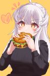  +_+ 1girl absurdres avatar_2.0_project blush burger eating food heart highres holding holding_burger holding_food long_hair long_sleeves machina4433 makino_monaka solo sweater virtual_youtuber white_hair yellow_background yellow_eyes 