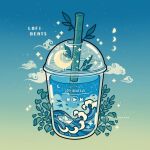  bamboo cloud constellation cup digital_media_player disposable_cup drink drinking_straw emily_kim english_text gradient_background highres leaf manta_ray moon_phases no_humans original paper_boat simple_background sparkle twitter_username waves 