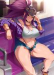  1girl absurdres akali alternate_body_size black_panties blue_eyes bracelet breasts cleavage commission crop_top cropped_jacket denim denim_shorts hat highleg highleg_panties highres jacket jewelry k/da_(league_of_legends) k/da_akali koyap large_breasts league_of_legends looking_at_viewer midriff navel official_alternate_costume open_clothes open_fly open_jacket panties plump ponytail purple_hair short_shorts shorts sitting solo sports_bra thick_thighs thighs train_interior underwear white_sports_bra 