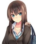  bag blue_eyes blush brown_hair collar highres hiiragi_hajime holding idolmaster idolmaster_cinderella_girls jewelry long_hair looking_at_viewer necklace necktie revision school_bag school_uniform shibuya_rin solo upper_body 