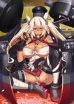  absurdres ankle_boots bandages black_gloves black_legwear blonde_hair blush boots breasts covered_nipples dark_skin full_body glasses gloves grey_footwear hair_between_eyes hakokon high_heels highres holding holding_sword holding_weapon kantai_collection large_breasts light_smile long_hair looking_at_viewer machinery microskirt musashi_(kantai_collection) panties partially_visible_vulva petals pointy_hair red_eyes sarashi semi-rimless_eyewear sheath sheathed sitting skirt solo spread_legs sword thighhighs two_side_up under-rim_eyewear underwear weapon white_panties 