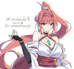  1girl bare_shoulders breasts chest_jewel cleavage core_crystal_(xenoblade) criss-cross_halter cropped_torso detached_sleeves fingerless_gloves glimmer_(xenoblade) gloves halterneck high_ponytail japanese_clothes kimono large_breasts long_hair looking_at_viewer obi ponytail red_hair saitou_masatsugu sash smile solo swept_bangs upper_body white_kimono xenoblade_chronicles_(series) xenoblade_chronicles_3 xenoblade_chronicles_3:_future_redeemed 